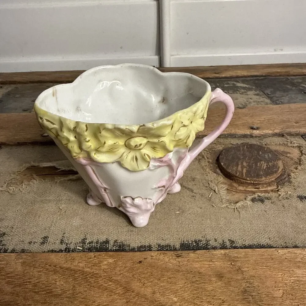 Antique Victorian Footed Porcelain Teacup 3D Yellow Pansy Floral Mug
